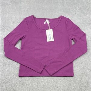 NEW Pact M Purple Organic Cotton Amethyst Kinley Long Sleeve Ribbed Short Top